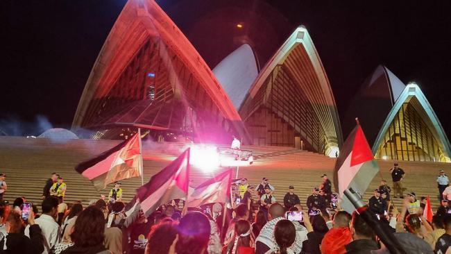 Pro-Palestinian protesters in front of the Opera House in a rally against Israel. Picture: Jasmine Kazlauskas/news.com.au