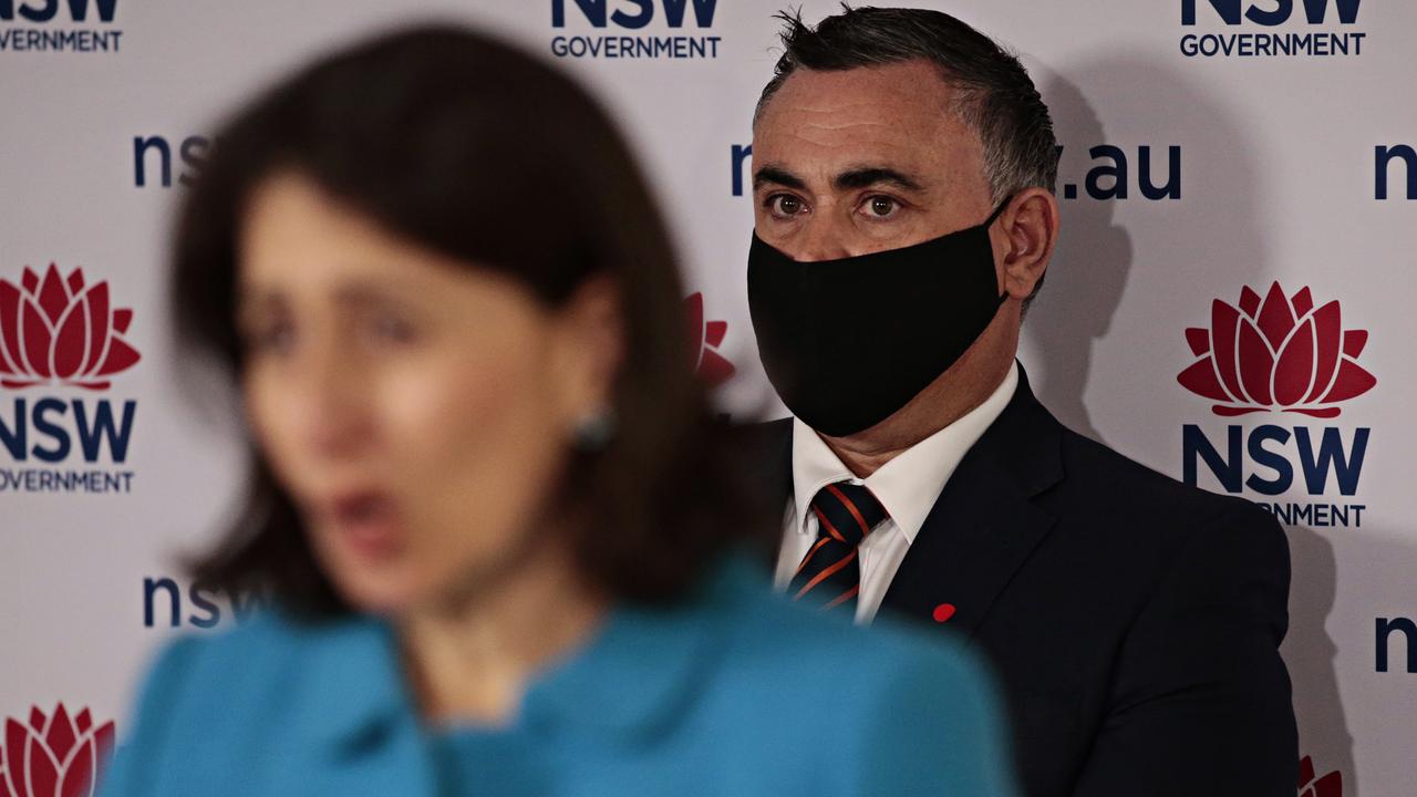 Mr Barilaro watches as then NSW Premier Gladys Berejiklian speaks at one of their final press conferences before they quit parliament in 2021. Picture: NCA NewsWire/Adam Yip