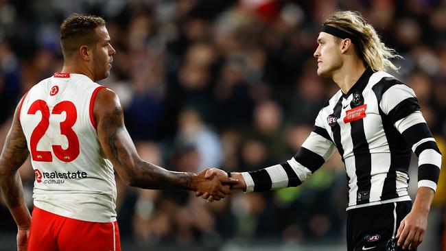 Lance Franklin and Darcy Moore. (Photo by Dylan Burns/AFL Photos via Getty Images)