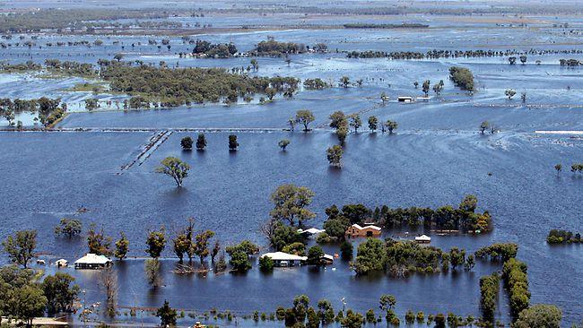 Aerial view of flooding from the Loddon River around Kerang in northern Victoria yesterday. Picture: Kelly Barnes