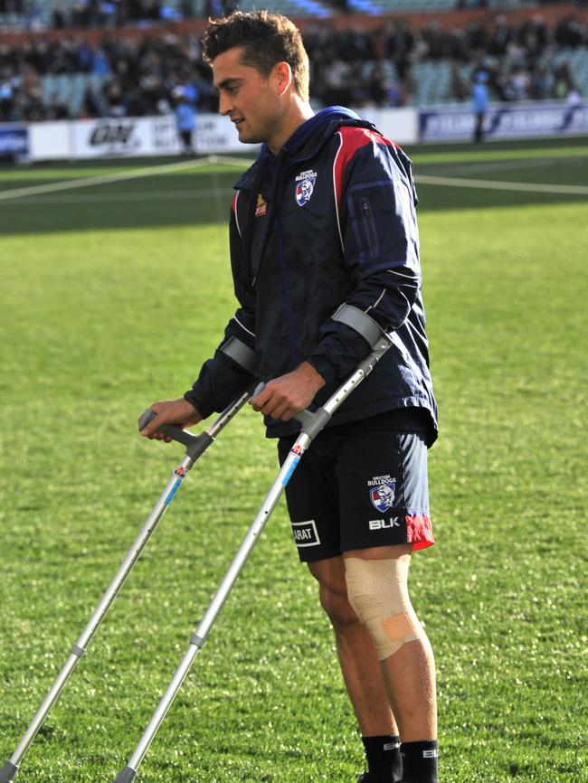 Luke Dahlhaus after injuring his knee against Port Adelaide. Picture: Getty Images.