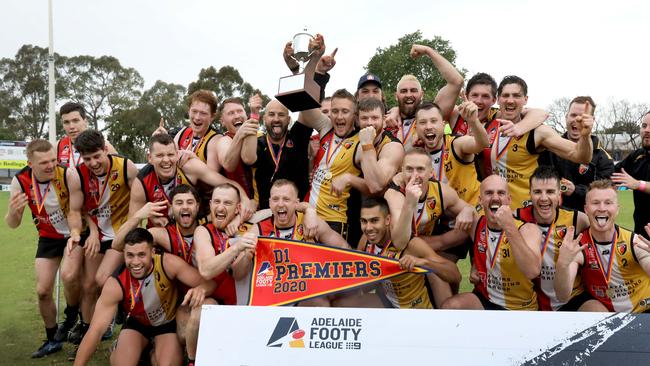 Goodwood Saints celebrate after defeating Rostrevor Old Collegians in the 2020 division one grand final at Norwood Oval. Picture Dean Martin