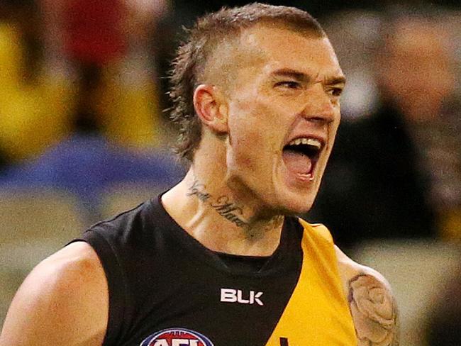 AFL - Richmond v Gold Coast Suns at MCG, Richmond's Dustin Martin celebrate's the last quarter goal. 12th June 2016. Picture: Colleen Petch.