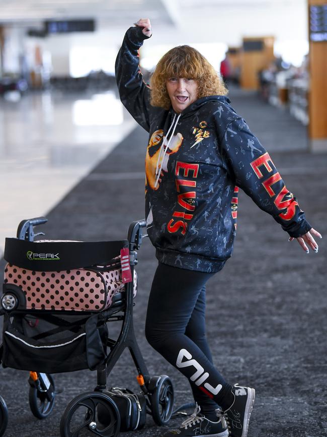 Jill Jones, of Ardrossan, had her flight cancelled on Thursday morning and is now waiting for a replacement flight to catch an Elvis cruise leaving Sydney on Friday. Picture: Mark Brake