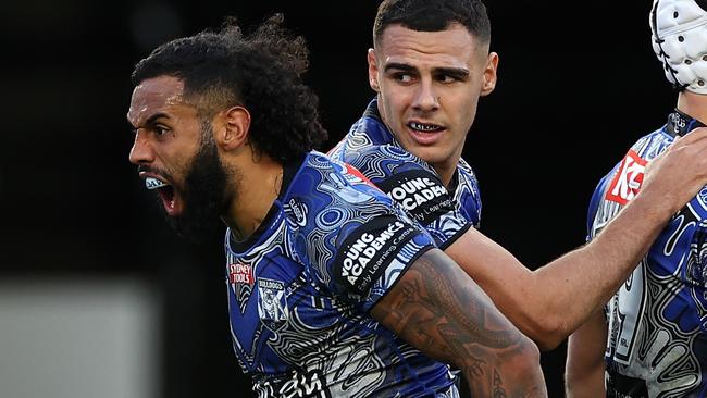 Josh Addo-Carr shows his emotion in the win over Gold Coast. Picture: Getty