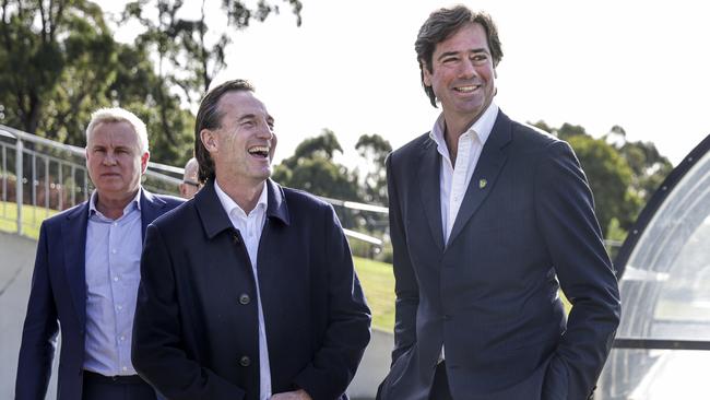 AFL CEO Gillon McLachlan and AFL CEO-elect Andrew Dillon at Dial Park, Penguin. Picture: Grant Viney