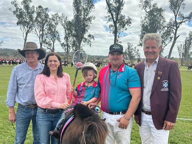 At the official opening of the Qld State Polocrosse Titles â President Justin Hafey, Member for Nanango, Deb Frecklington, Chris Sillitoe and daughter Lexi and Qld Polocrosse President, Mike Williams.