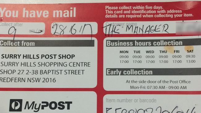 Those not home to sign for the letter, were left with a trip to the post office to collect the unsolicited mail. Picture: Supplied