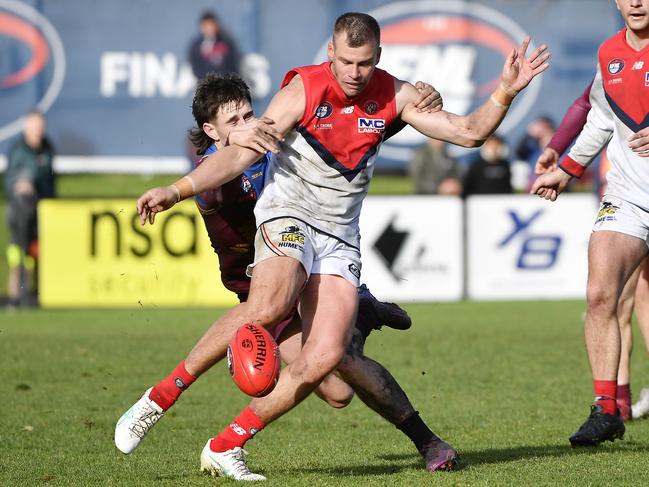 NFNL Division 2 MC Labour Seniors, Grand Final.  South Morang VS Diamond Creek played at Preston City Oval, Preston, Victoria, Saturday 14th September 2024. Diamond Creek player Brenton Keating kicks the ball safely away. Picture: Andrew Batsch