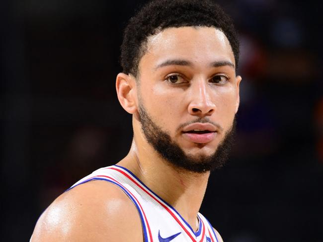 PHOENIX, AZ - FEBRUARY 13: Ben Simmons #25 of the Philadelphia 76ers looks on during the game against the Phoenix Suns on February 13, 2021 at Talking Stick Resort Arena in Phoenix, Arizona. NOTE TO USER: User expressly acknowledges and agrees that, by downloading and or using this photograph, user is consenting to the terms and conditions of the Getty Images License Agreement. Mandatory Copyright Notice: Copyright 2021 NBAE   Barry Gossage/NBAE via Getty Images/AFP (Photo by Barry Gossage / NBAE / Getty Images / Getty Images via AFP)