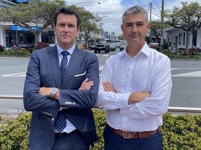 LNP police spokesman Dan Purdie (left) and Burleigh state candidate Hermann Vorster announce $4.1 million community safety package for Burleigh.