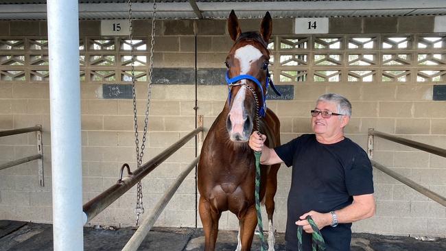 Trainer Kevin Hansen and Sweet Dolly after her Callaghan Park gallop on Monday morning. Photo: Tony McMahon.