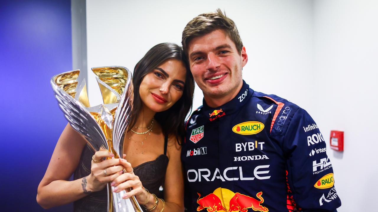 Max Verstappen celebrates with girlfriend Kelly Piquet. (Photo by Mark Thompson/Getty Images)