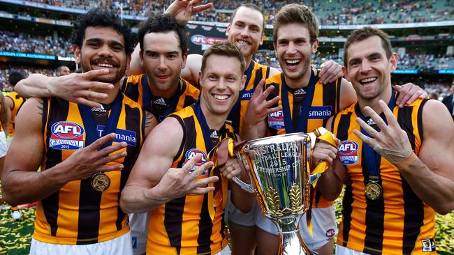 Sam Mitchell celebrates with teammates after winning the 2015 Grand Final. Picture: Wayne Ludbey