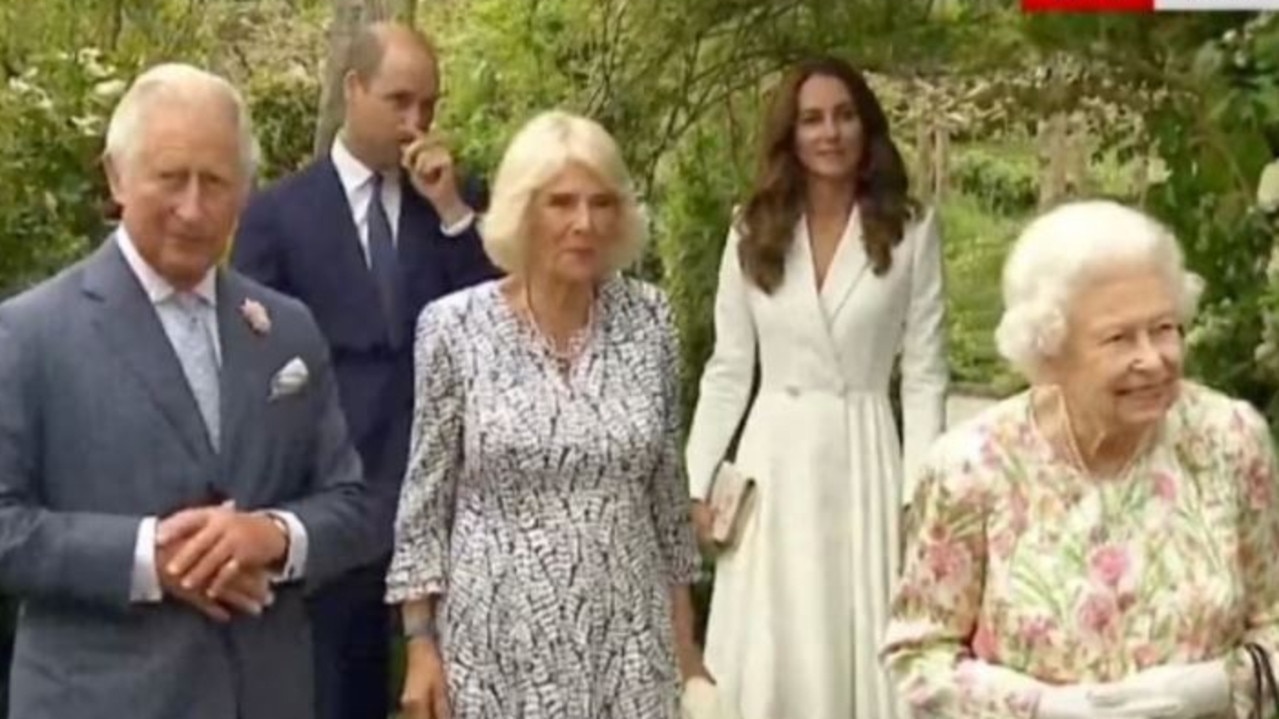 The Queen, Prince Charles, Camilla, Prince William and Kate Middleton at a dinner for G7 leaders in Cornwall. Picture: Sky News