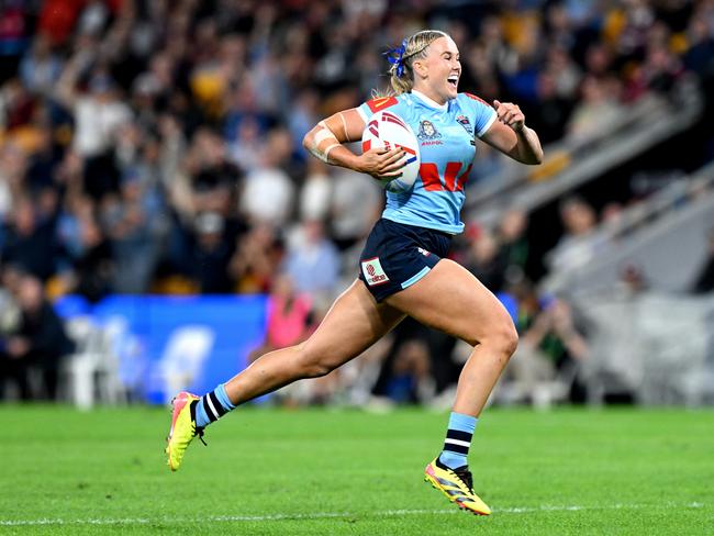 Jaime Chapman’s breakaway 80-metre solo try was another standout moment for the NSW Sky Blues. Picture: Getty Images