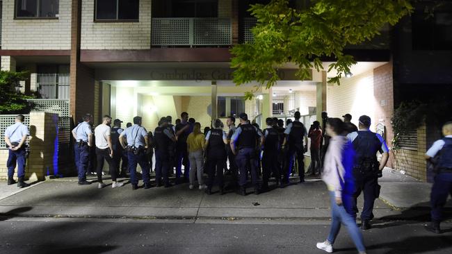 Police at the unit in Surry Hills where a wild party was causing alarm for neighbours. Picture: Gordon McComskie