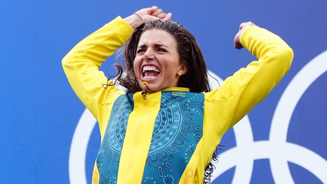 Australia's Jessica Fox with her gold medal following the Women's Canoe Single Final at the Nautical St - White water on the fifth day of the 2024 Paris Olympic Games in France. Picture date: Wednesday July 31, 2024. (Photo by Mike Egerton/PA Images via Getty Images)