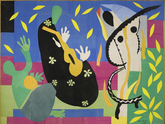 Henri Matisse 'The sorrow of the king (La tristesse du roi)' 1952 gouache on paper, cut and pasted, mounted on canvas, 292 x 386 cm Centre Pompidou, Paris, MusÃ©e national dâ€™art moderne, purchased by the state, 1954 AM3279P. Â© Succession H Matisse/Copyright Agency 2021. Photo: Â© Centre Pompidou, MNAM-CCI / Philippe Migeat / Dist RMN-GP  ***These images may only be used in conjunction with editorial coverage of the exhibition â€˜Matisse: life & spirit Masterpieces from the Centre Pompidou, Parisâ€™ on display at the Art Gallery of New South Wales, 20 November 2021 â€“ 13 March 2022. These images may not be cropped or overwritten. Prior approval in writing required for use as a cover. Caption details must accompany reproductions of the images. No archiving. Media contact: stephanie.pirrie@ag.nsw.gov.au*** *** Local Caption *** ***These images may only be used in conjunction with editorial coverage of the exhibition â€˜Matisse: life & spirit Masterpieces from the Centre Pompidou, Parisâ€™ on display at the Art Gallery of New South Wales, 20 November 2021 â€“ 13 March 2022. These images may not be cropped or overwritten. Prior approval in writing required for use as a cover. Caption details must accompany reproductions of the images. No archiving. Media contact: stephanie.pirrie@ag.nsw.gov.au***escape21 november 2021culture vulture