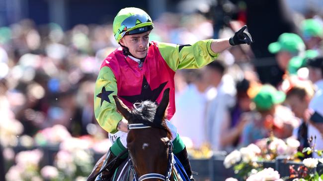 MELBOURNE, AUSTRALIA - NOVEMBER 05: Robbie Dolan riding Knight's Choice to win race six the Lexus Melbourne Cup during Melbourne Cup Day at Flemington Racecourse on November 05, 2024 in Melbourne, Australia. (Photo by Quinn Rooney/Getty Images)