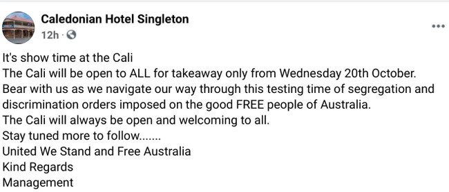 The Caledonian Hotel Singleton will reopen as takeaway-only on Wednesday. Picture: Facebook.