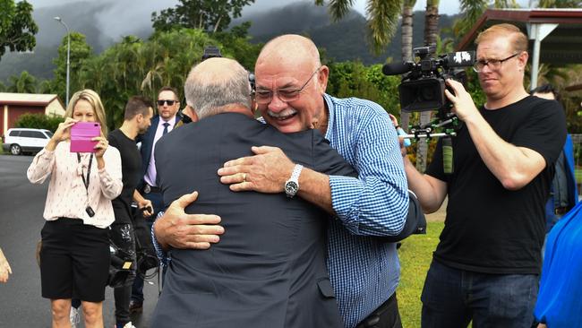 Then-Prime Minister Scott Morrison greets Liberal member for Leichhardt Warren Entsch during a visit to Cairns during the federal election campaign in May 2019. (AAP Image/Mick Tsikas)