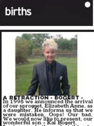 Revised birth notice for Kai Bogert