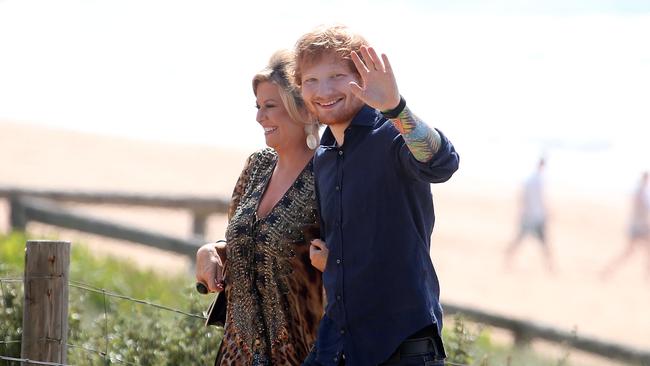 24/03/15 Sydney, N.S.W. Australia Ed Sheeran and Emily Symons (Marilyn) filming a scene on Home and Away, Palm Beach Picture by Andrew Murray