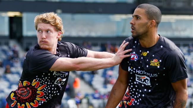 Matt Rowell (left) and Touk Miller are eager to prove the Suns’ midfield worth against Harley Reid and the Eagles on Sunday. (Photo by Dylan Burns/AFL Photos via Getty Images)