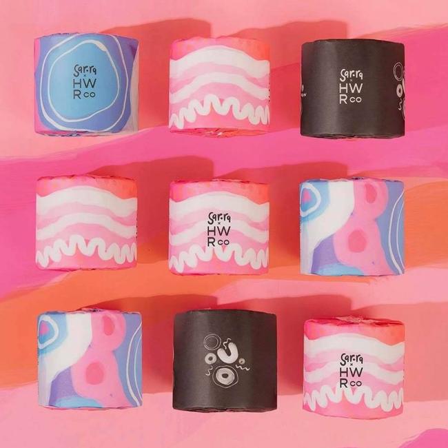 In her most recent collaboration with How We Roll Co Rachael Sarra has created three limited edition designs for 100% recycled toilet paper.