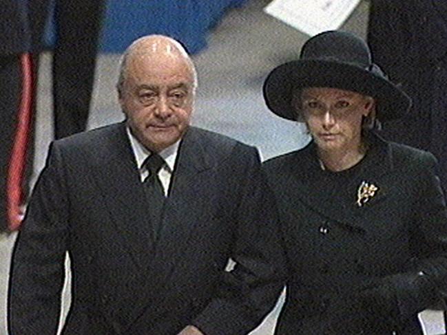 Mohamed Al Fayed and his wife, Heini Wathen-Fayed, arriving at Westminster Abbey for the funeral of Princess Diana in 1997. Picture: Supplied