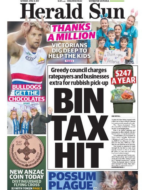 The Herald Sun front page in 2017 on the proposed bin tax.