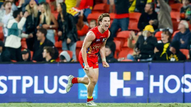 Anderson after kicking the match-winning goal against the Tigers last year. Picture: Getty Images