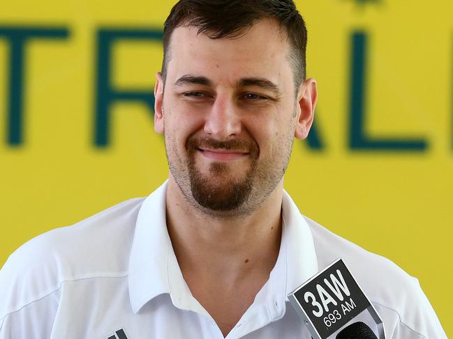 Boomers player Andrew Bogut speaks to the media as Athletes gather at the "Edge", the Australian Olympic team meeting place in Rio for training and to relax. Pics Adam Head