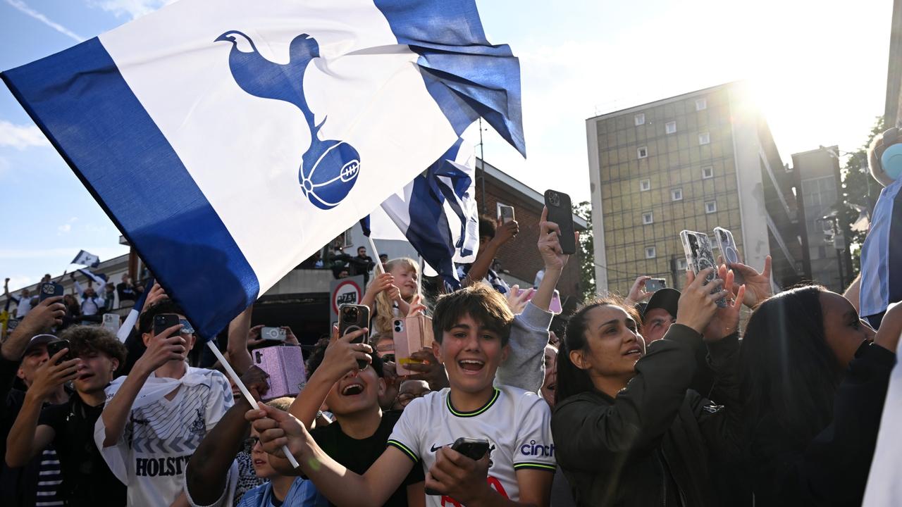 Ecstatic fans celebrate at the Tottenham Hotspur UEFA Europa League trophy parade. Picture: Leon Neal / Getty Images