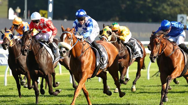 Autumn Angel upsets Orchestral (left) and Zardozi (right) in the Oaks. Picture: Jeremy Ng/Getty Images