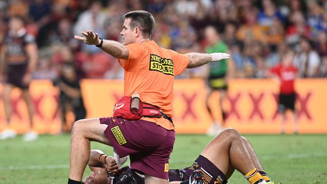 The Broncos also lost John Asiata to injury, after he came off second best in a collision and fell to the ground in pain. Picture: Getty Images.