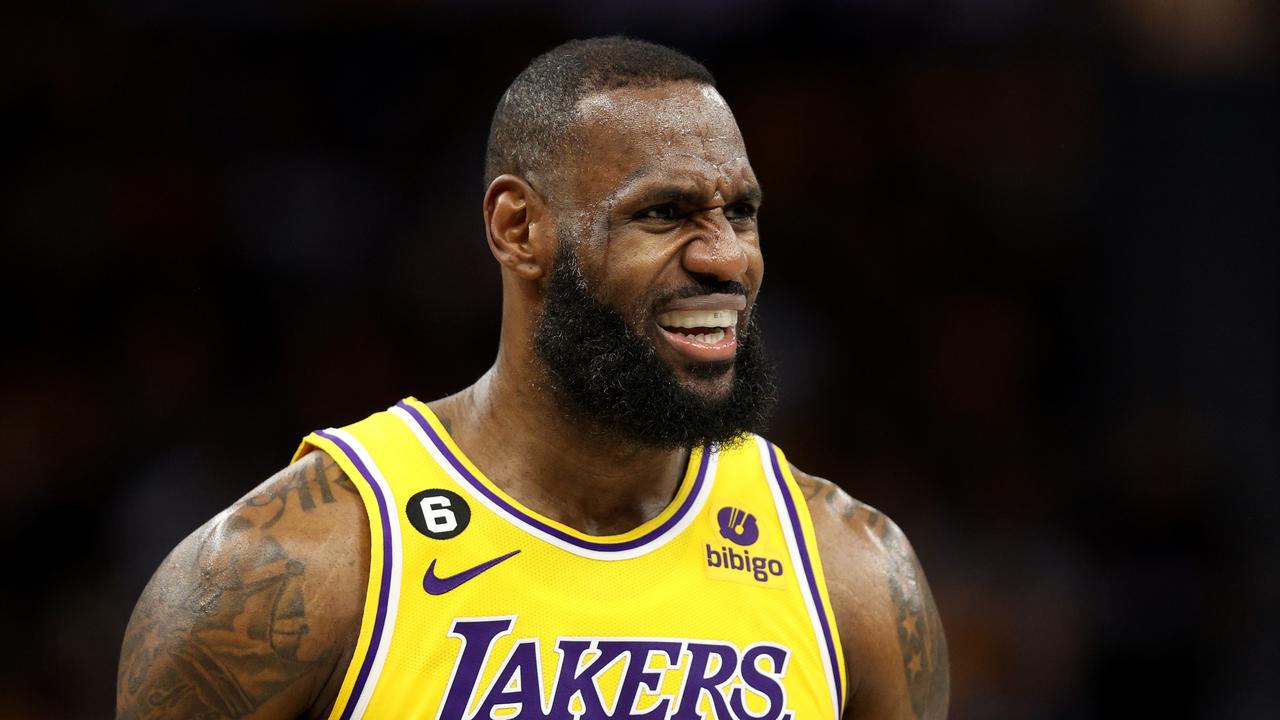 SAN FRANCISCO, CALIFORNIA - MAY 02: LeBron James #6 of the Los Angeles Lakers reacts during the third quarter in game one of the Western Conference Semifinal Playoffs against the Golden State Warriors at Chase Center on May 02, 2023 in San Francisco, California. NOTE TO USER: User expressly acknowledges and agrees that, by downloading and or using this photograph, User is consenting to the terms and conditions of the Getty Images License Agreement. (Photo by Ezra Shaw/Getty Images)