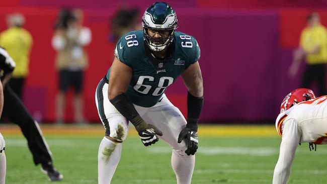 Jordan Mailata looks on at the line of scrimmage during the second quarter in Super Bowl LVII. Picture: Getty Images