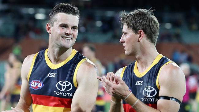 Brad and Matt Crouch following what was Brad’s last game for the Crows. Picture: Sarah Reed