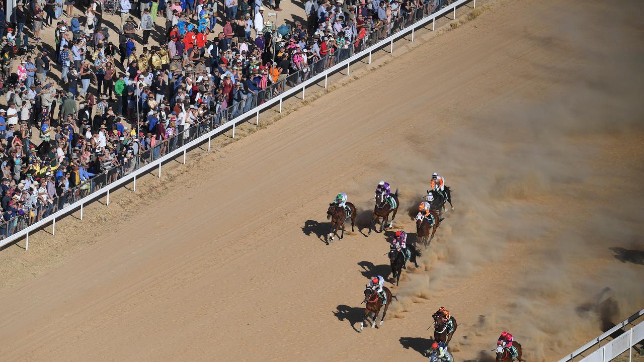 An aerial view of the field during race 6, the Road Tech Marine Open Handicap, at the Birdsville Races on Friday, Picture: AAP Image/Dan Peled