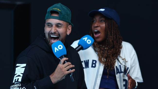 Nick Kyrgios interviews Coco Gauff at the 2024 Aussie Open. Photo by Graham Denholm/Getty Images.