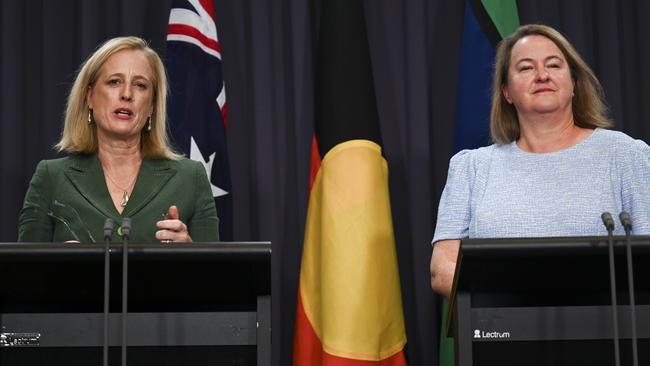 Workplace Gender Equality Agency chief executive Mary Wooldridge and Finance Minister Katy Gallagher speak to the first employer gender pay gap report that was published on Tuesday. Picture: Martin Ollman