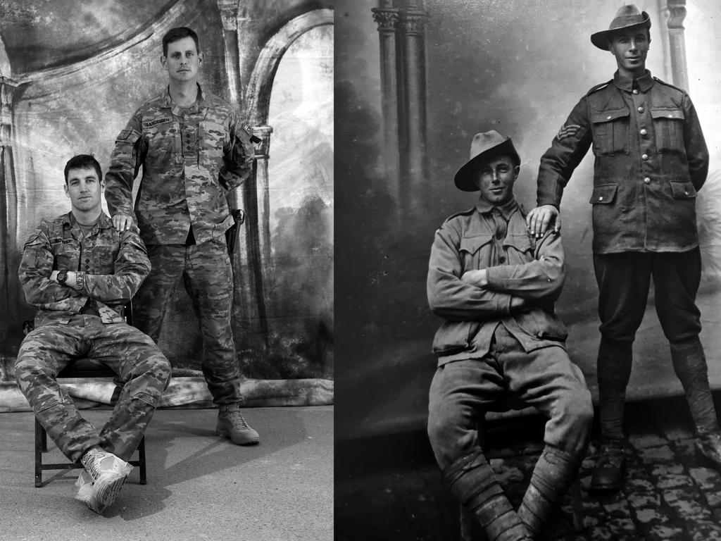 Left side photo L-R: Captain Alexander Bowyer, 28, from Wagga Wagga NSW with Captain Alexander Sanderman, 28, from Medowie NSW. Picture: Gary Ramage. The photograph on the right is an original taken in France during WW1 of Aussie Diggers.