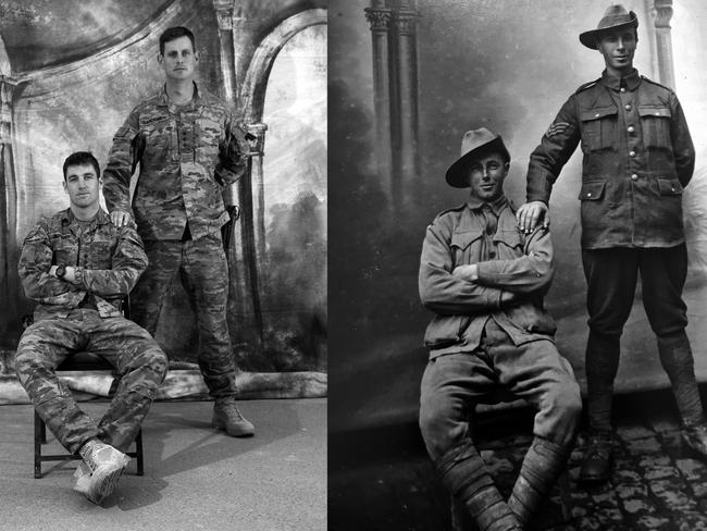 Left side photo L-R: Captain Alexander Bowyer, 28, from Wagga Wagga NSW with Captain Alexander Sanderman, 28, from Medowie NSW. Picture: Gary Ramage. The photograph on the right is an original taken in France during WW1 of Aussie Diggers.