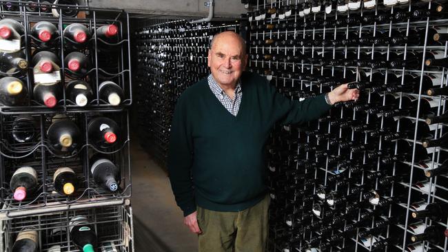 Veteran wine writer James Halliday in his cellar at his home in Coldstream Hills. Picture: Aaron Francis