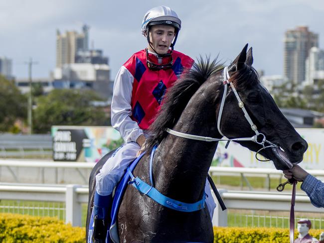 Jockey Clayton Gallagher riding Wallander at the Gold Coast Turf Club. Picture: Jerad Williams