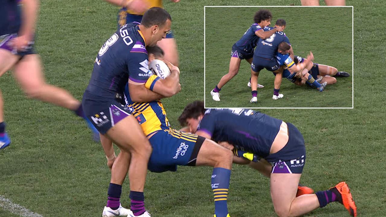 Will Chambers' identical crusher tackles on Jarryd Hayne and Nathan Brown.