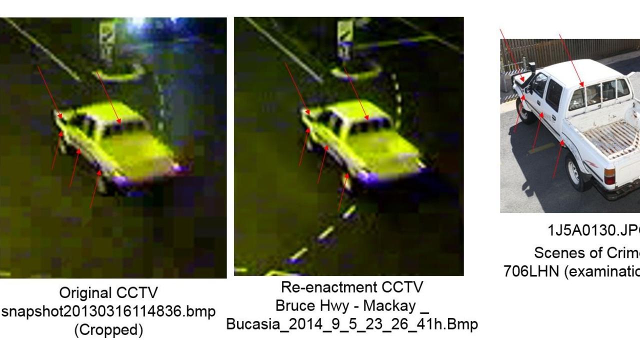 Images show the original footage, re-enactment, and scenes of crime photos of a 706LHN 1994 Toyota Hilux compiled for the inquest into Shandee Blackburn's death.