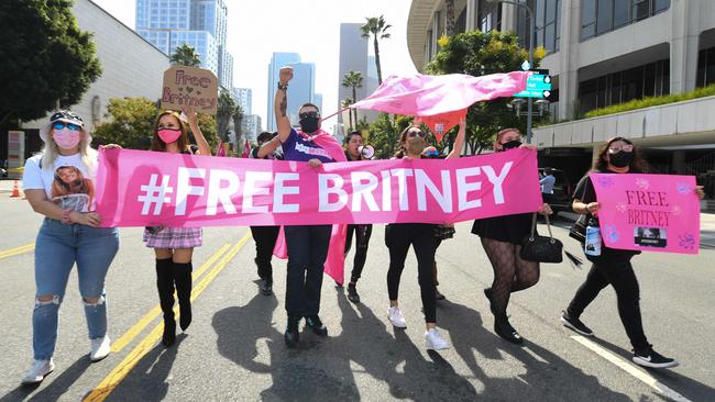 Fans of Britney Spears protest in front of the Stanley Mosk Courthouse. Picture: AFP